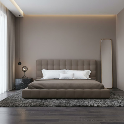 Estructura moderna, cama de lujo, diseño de hotel, habitación gris, doble.