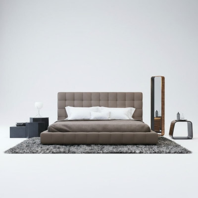 Estructura moderna, cama de lujo, diseño de hotel, habitación gris, doble.