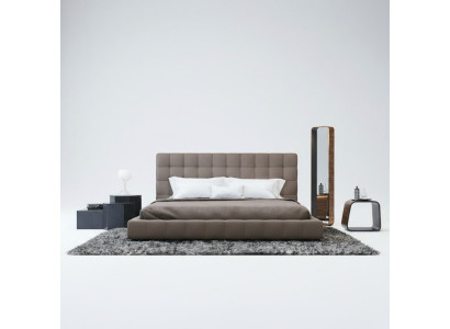 Estructura moderna, cama de lujo, diseño de hotel, habitación gris, doble.