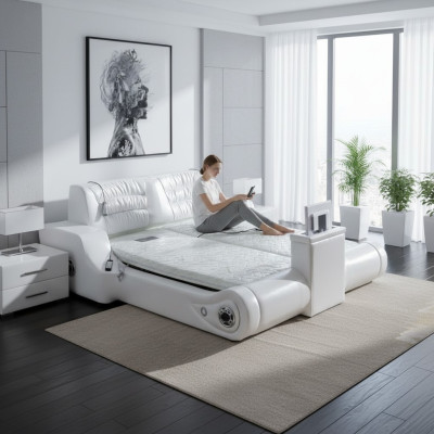 Diseño de cama doble de lujo blanco, camas tapizadas modernas multifuncionales de hotel.