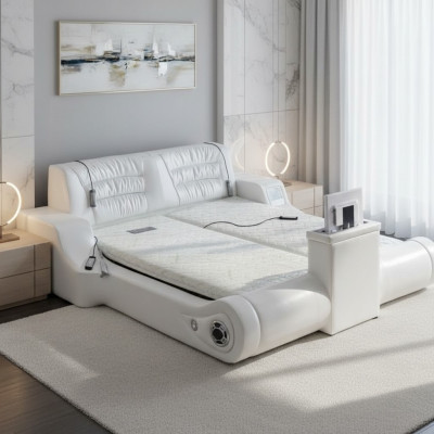 Diseño de cama doble de lujo blanco, camas tapizadas modernas multifuncionales de hotel.