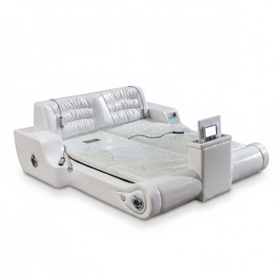 Diseño de cama doble de lujo blanco, camas tapizadas modernas multifuncionales de hotel.