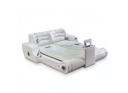 Diseño de cama doble de lujo blanco, camas tapizadas modernas multifuncionales de hotel.
