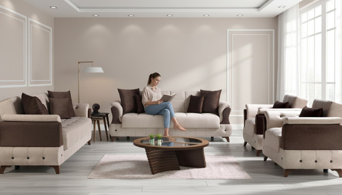 Conjunto de sofá moderno, sillón, sofá textil de lujo completo de lujo 3+2+1+1 asientos.