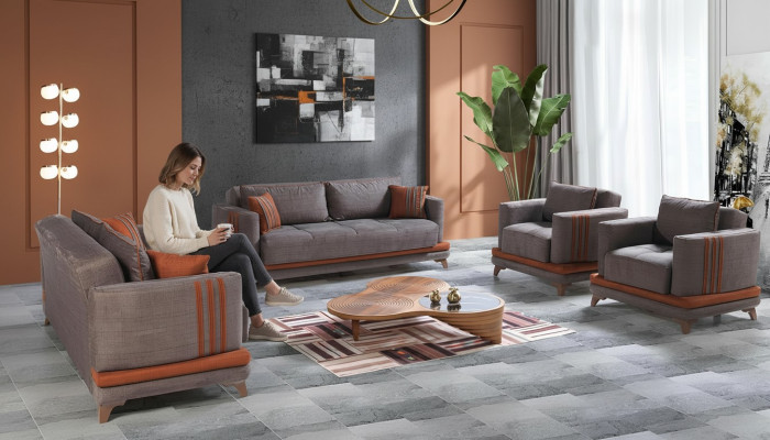Diseño moderno de sala de estar. Conjunto de sofás 3+2+1+1 en gris. Juego de muebles de sala de estar.