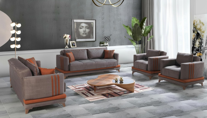 Diseño moderno de sala de estar. Conjunto de sofás 3+2+1+1 en gris. Juego de muebles de sala de estar.