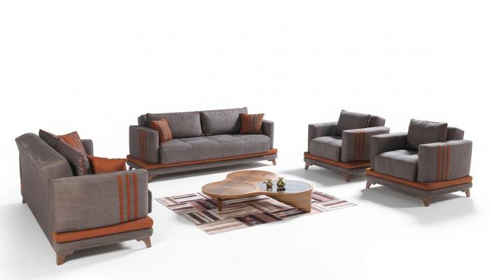 Diseño moderno de sala de estar. Conjunto de sofás 3+2+1+1 en gris. Juego de muebles de sala de estar.