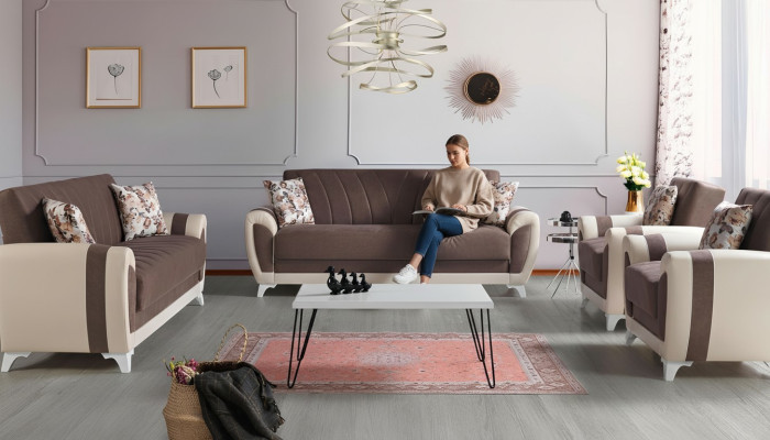 Sofá cama conjunto de sofás 3+2+1+1 asientos textil sofá sillón juego completo marrón