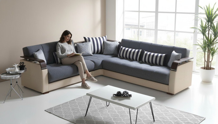 Sofá esquinero L de lujo moderno en forma de L para sala de estar de color gris.
