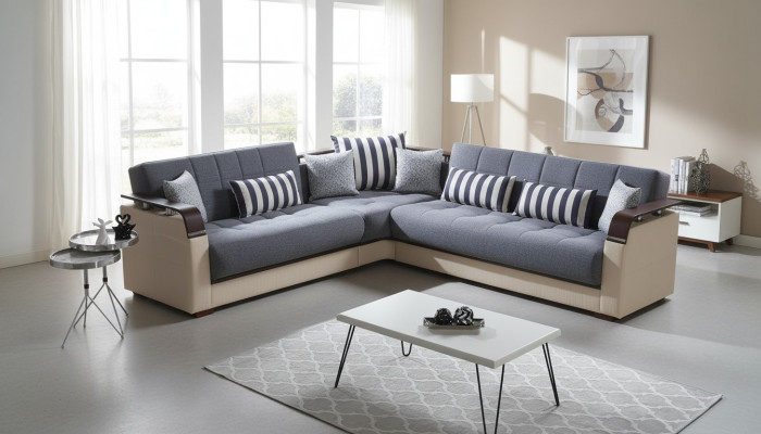 Sofá esquinero L de lujo moderno en forma de L para sala de estar de color gris.