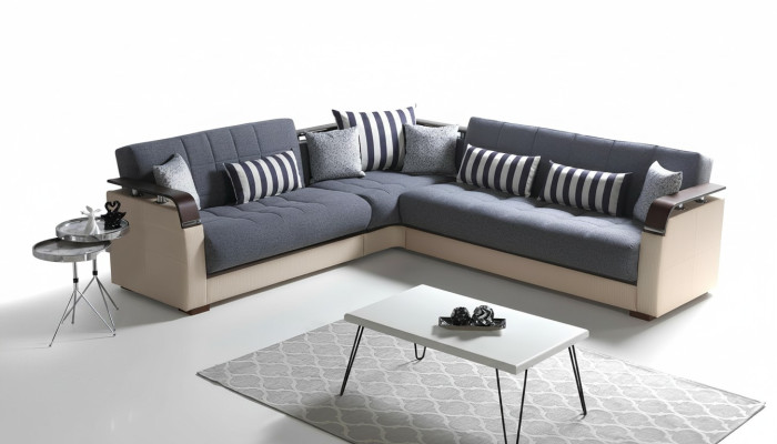 Sofá esquinero L de lujo moderno en forma de L para sala de estar de color gris.