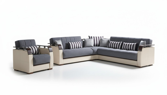 Sofá en forma de L + sillón gris juego completo de sala de estar 2 piezas. Muebles de lujo