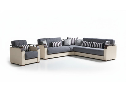 Sofá en forma de L + sillón gris juego completo de sala de estar 2 piezas. Muebles de lujo