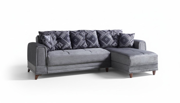 Sofá esquinero gris en forma de L, moderno para salón.