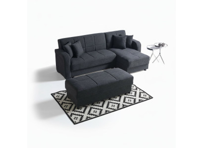 Sofá de esquina en forma de L con taburete negro, juego completo de sala de estar de 2 piezas. Muebles de lujo.