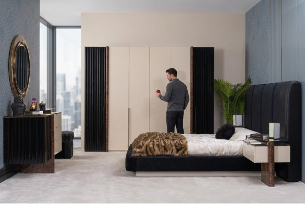 Dormitorio set cama 2 mesitas de noche armario cómoda muebles de diseño