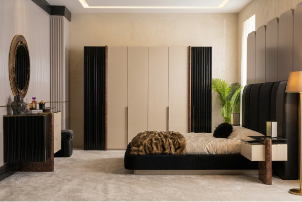 Dormitorio set cama 2 mesitas de noche armario cómoda muebles de diseño