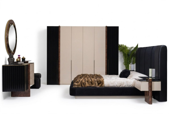 Dormitorio set cama 2 mesitas de noche armario cómoda muebles de diseño