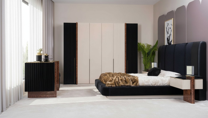 Juego de dormitorio de lujo con cama, 2 mesitas de noche y armario de madera completo.