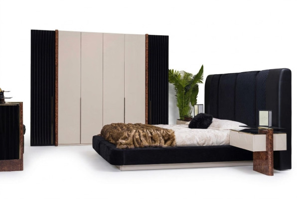 Juego de dormitorio de lujo con cama, 2 mesitas de noche y armario de madera completo.