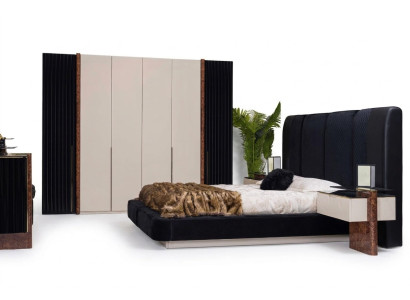 Juego de dormitorio de lujo con cama, 2 mesitas de noche y armario de madera completo.