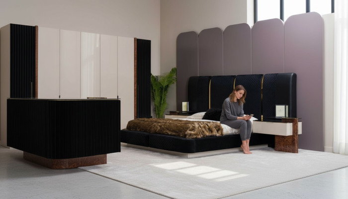 Conjunto de dormitorio moderno: cama, 2 mesitas de noche, muebles de diseño de 3 piezas