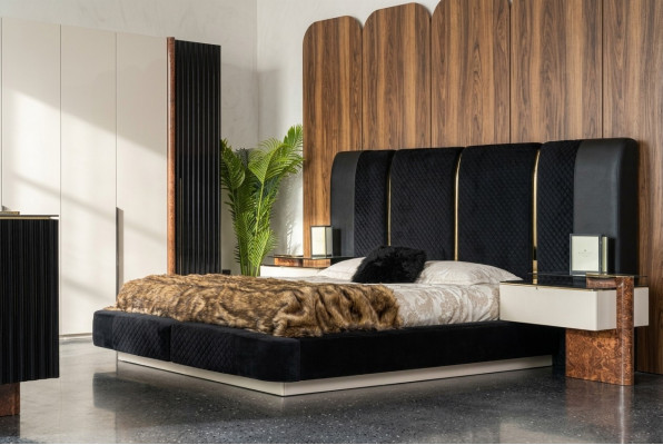 Conjunto de dormitorio moderno: cama, 2 mesitas de noche, muebles de diseño de 3 piezas