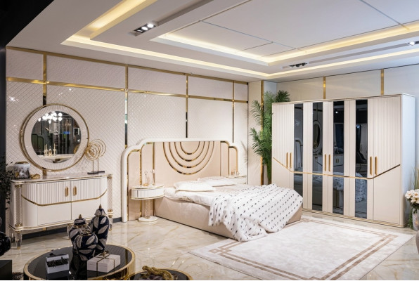 Dormitorio conjunto Lujo Cama 2x Mesita de Noche Armario Cómoda con Espejo 5 piezas
