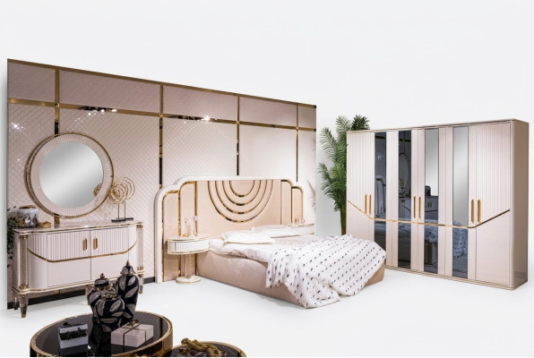 Dormitorio conjunto Lujo Cama 2x Mesita de Noche Armario Cómoda con Espejo 5 piezas