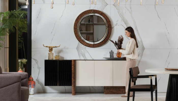 Mueble aparador con espejo lujoso conjunto de tocador de madera cómodas clásicas