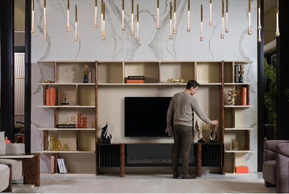 Muebles de salón modernos de madera para la televisión en estilo regal con estante y soporte para la televisión.