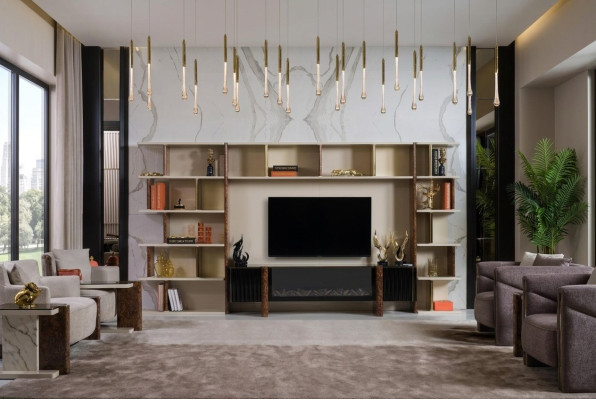 Muebles de salón modernos de madera para la televisión en estilo regal con estante y soporte para la televisión.