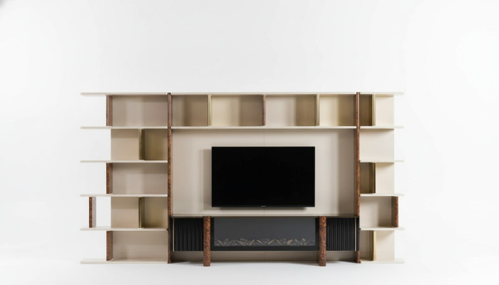 Muebles de salón modernos de madera para la televisión en estilo regal con estante y soporte para la televisión.