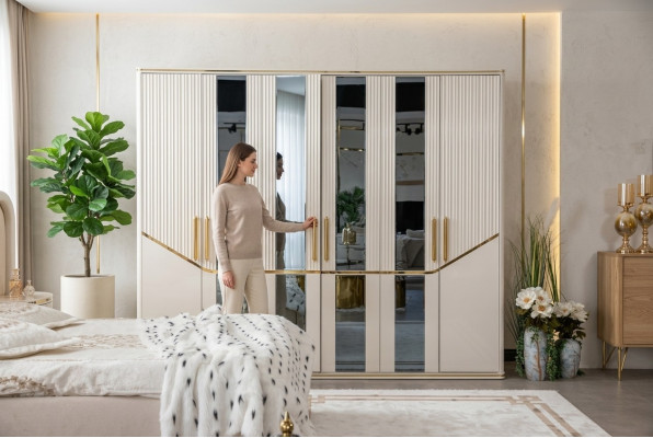Armario Armarios Diseño de armario Madera Beige Dorado Moderno Muebles 270cm