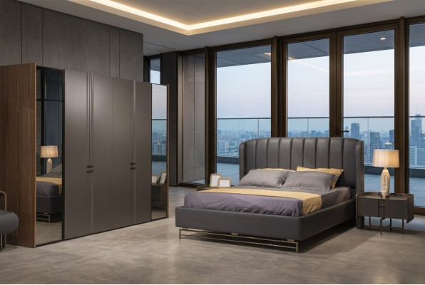 Dormitorio Set Cama 2x Mesita de Noche Armario Tocador con Espejo de 5 piezas