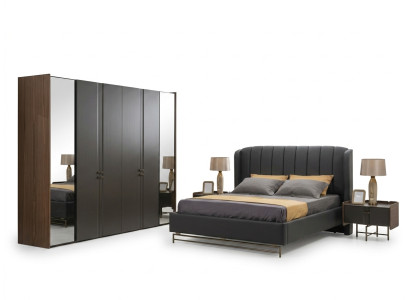 Dormitorio Set Cama 2x Mesita de Noche Armario Tocador con Espejo de 5 piezas
