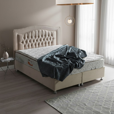 Diseño de cama Cama de lujo Beige Muebles de dormitorio tapizados Plata Chesterfield