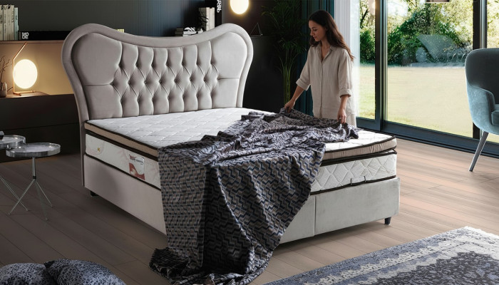 Diseño de cama Lujo beige muebles de dormitorio con tapizado Chesterfield 160x200