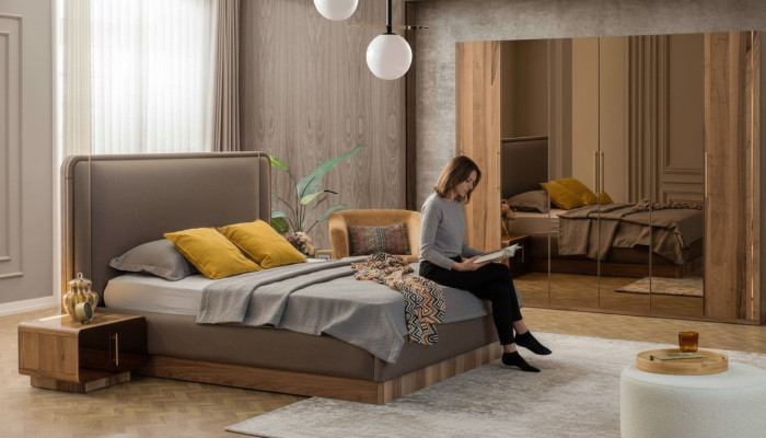 Juego de dormitorio de lujo con cama + 2 mesitas de noche + armario de madera completo moderno nuevo.