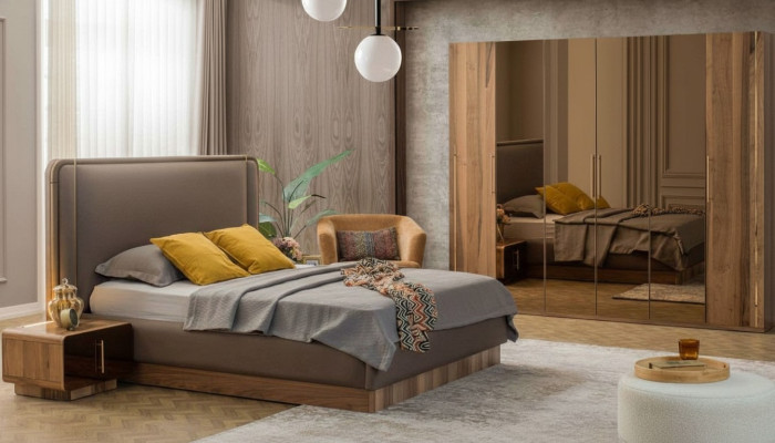 Juego de dormitorio de lujo con cama + 2 mesitas de noche + armario de madera completo moderno nuevo.