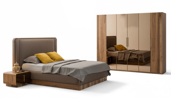 Juego de dormitorio de lujo con cama + 2 mesitas de noche + armario de madera completo moderno nuevo.