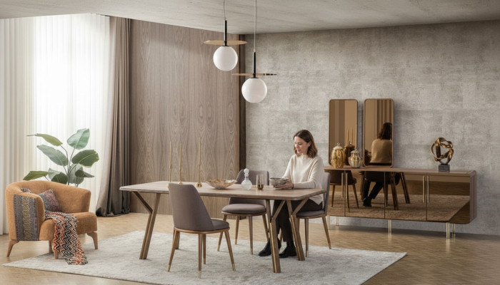 Juego de comedor conjunto 6 sillas + mesa de comedor + aparador + espejo Conjunto comedor diseñador nuevo