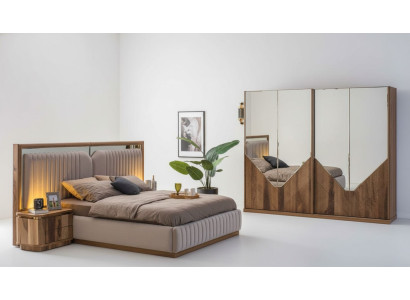 Juego de dormitorio de lujo cama + 2 mesitas de noche + armario moderno completo.