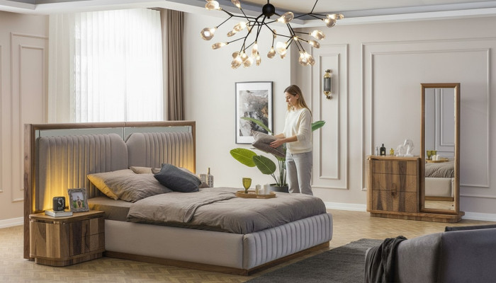 Moderno juego de dormitorio cama + 2x mesitas de noche + cómoda con espejo moderno