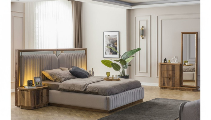 Moderno juego de dormitorio cama + 2x mesitas de noche + cómoda con espejo moderno