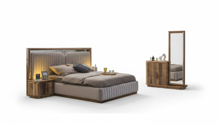 Moderno juego de dormitorio cama + 2x mesitas de noche + cómoda con espejo moderno