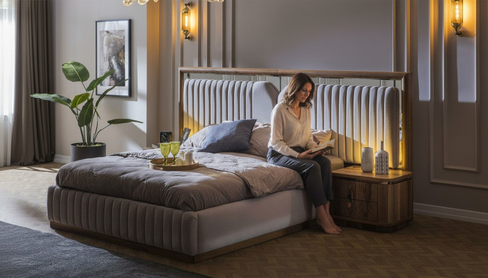 Set de dormitorio de lujo cama + 2 mesitas de noche de madera modernas completas