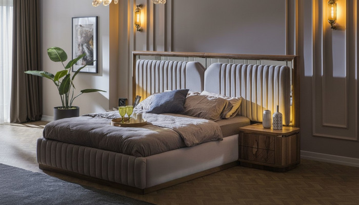 Set de dormitorio de lujo cama + 2 mesitas de noche de madera modernas completas