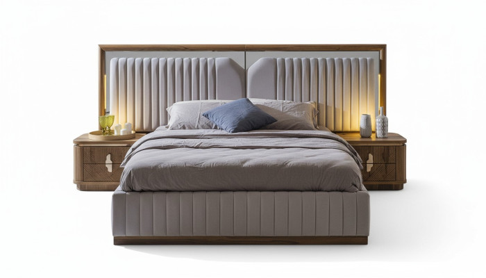 Set de dormitorio de lujo cama + 2 mesitas de noche de madera modernas completas