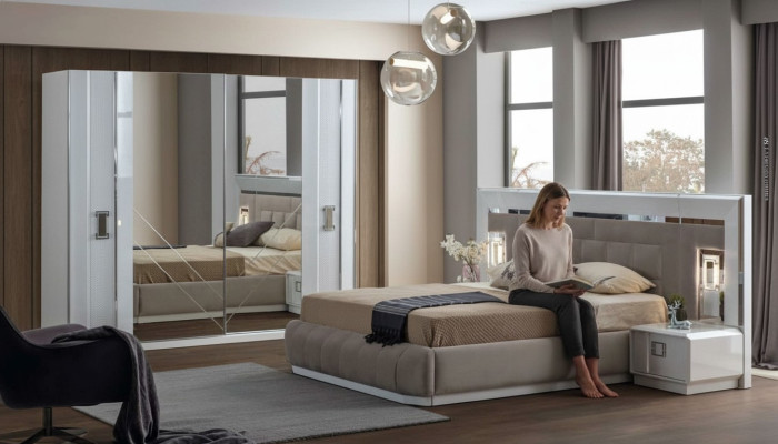 Dormitorio Juego completo Cama 2x Mesita de noche Armario Nuevo Diseño 4 piezas.